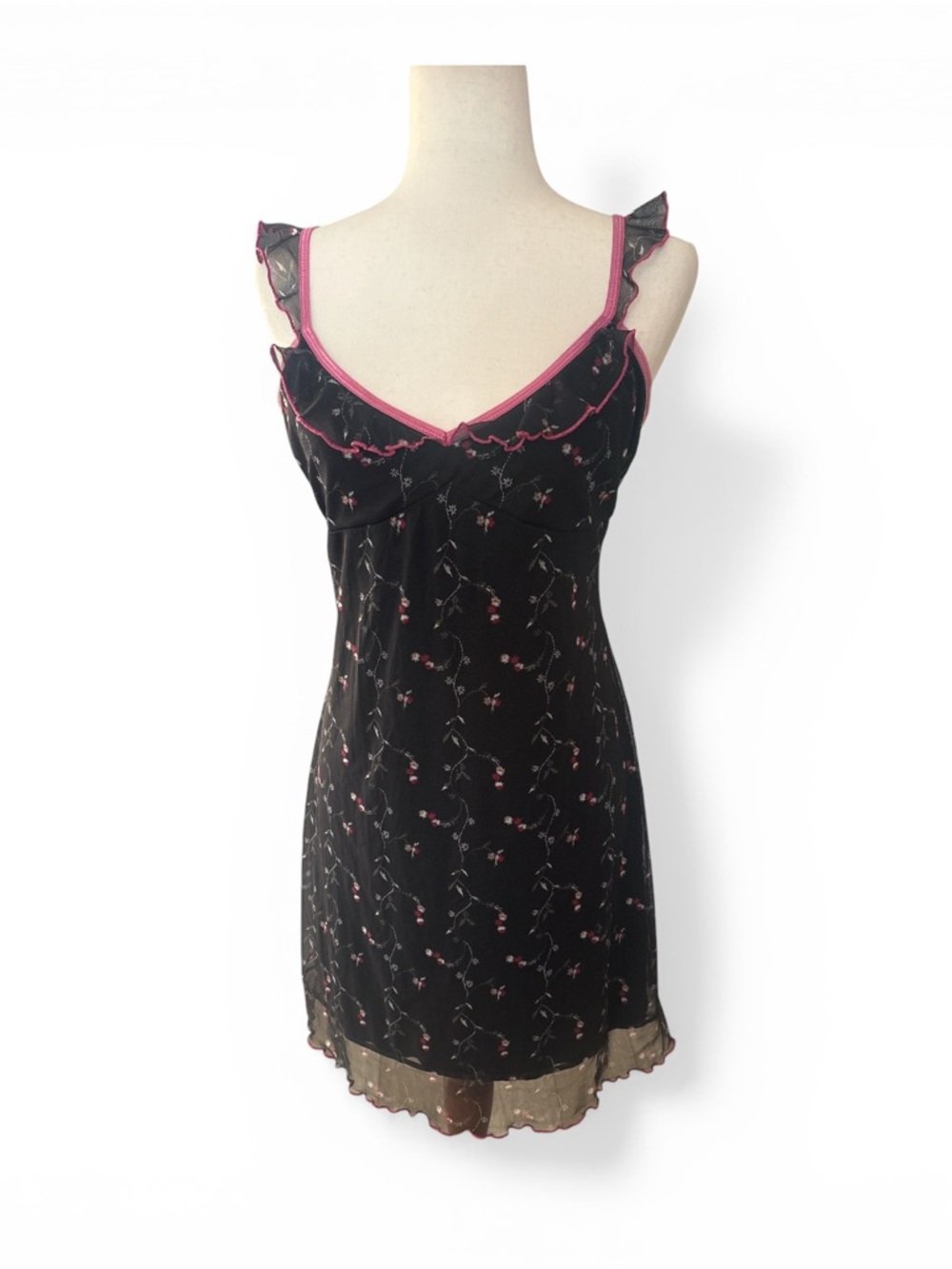 Y2K Xhilaration Black Slip Dress with Pink Floral Trim